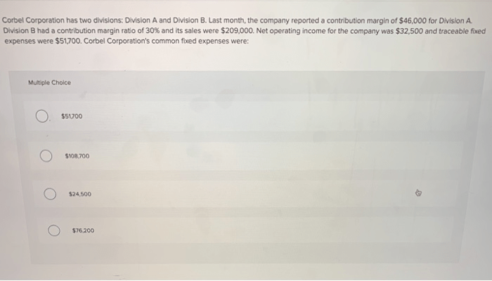 Corbel corporation has two divisions